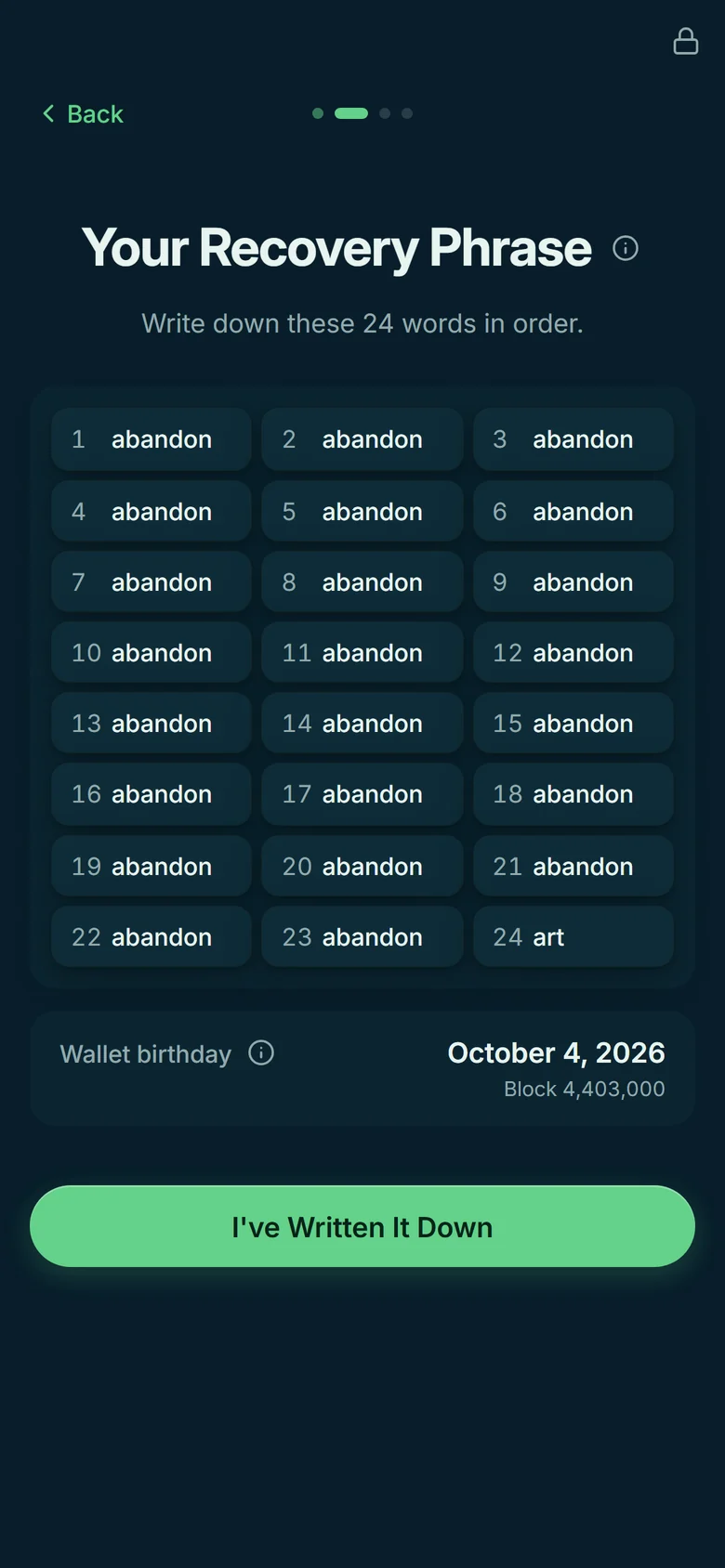 Laurel's backup screen: 24 numbered words in three columns (here a public test phrase), the wallet birthday, and an I've Written It Down button