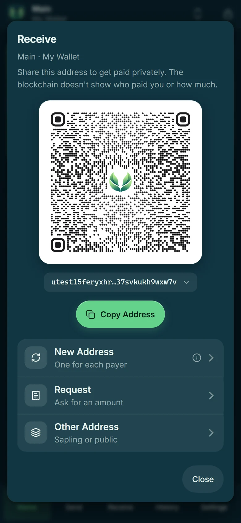 Laurel's Receive screen on the testnet build: a QR code for a shielded testnet address, a Copy Address button, and options for a new address, a payment request or another address type